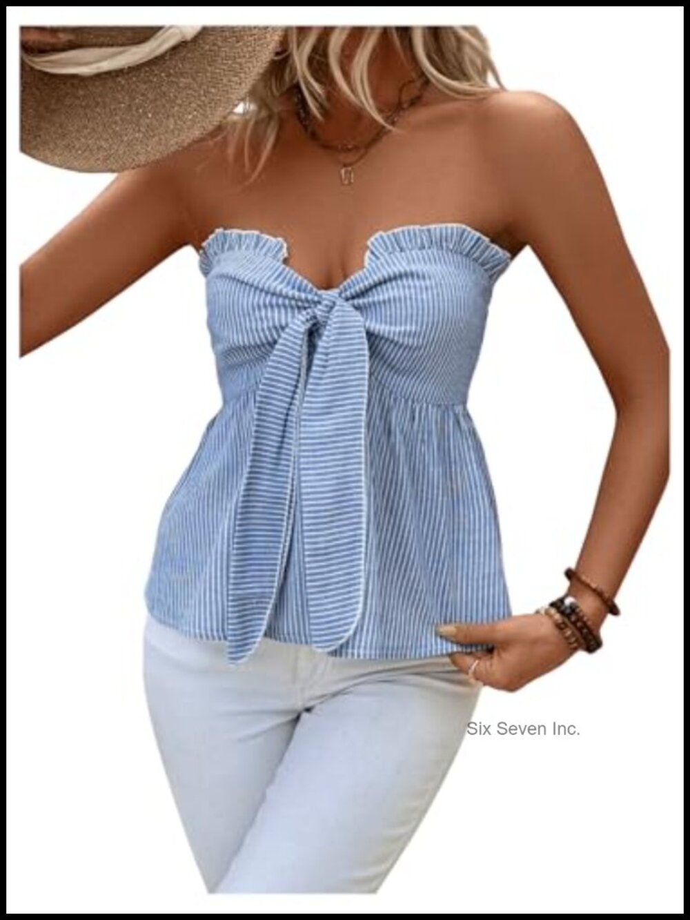 Striped Strapless Bandeau Tie Front Bow Peplum Tube Top